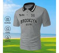 Shein 1 pieza Camisa polo de verano para hombre con estampado de Brooklyn New York 96, estilo universitario americano retro con cuello de contraste y manga