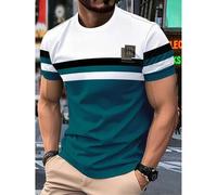 Shein 1 pieza Camiseta casual de cuello redondo con estampado de rayas y letras para hombres, hecha de tela de punto de poliéster transpirable con un ligero