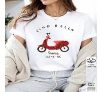 Shein 1 pieza Camiseta casual de manga corta de mujer con estampado de scooter "Ciao Bella", 100% algodón