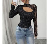 Shein 1 pieza Camiseta casual de manga larga para mujer con detalle de encaje combinado