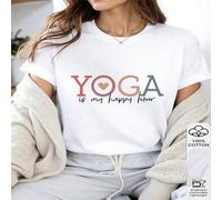 Shein 1 PIEZA Camiseta casual de mujer 100% algodón con diseño de tipografía "Yoga es mi hora feliz", con un diseño relajado y optimista que presenta la fra