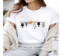 Shein 1 PIEZA Camiseta casual de mujer 100% algodón con estampado de gatos colgando, con un diseño adorable y colorido de gatos colgados en un tendedero, ge