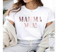 Shein 1 pieza Camiseta cuello redondo para mujer 100% algodón - Estampado tipográfico "Mamma Mia", diseño retro elegante, estilo divertido, ropa diaria de p
