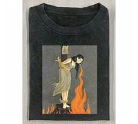 Shein 1 Pieza Camiseta de 230g lavada, con estampado de mensajero de fuego, camiseta de estampado de cera de alta calidad hecha de algodón puro en estilo re