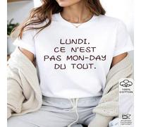 Shein 1 pieza Camiseta de cuello redondo para mujer 100% algodón - Cita en francés "Lundi, Ce N'est Pas Mon-Day Du Tout", Tipografía humorística, Estampado
