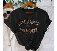 Shein 1 pieza Camiseta de cuello redondo para mujer - Cita francesa "VIVRE D'AMOUR ET DE CHAMPAGNE" Tipografía minimalista, estilo parisino chic, parte supe