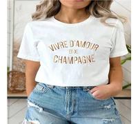 Shein 1 pieza Camiseta de cuello redondo para mujer con estampado de la cita francesa "VIVRE D'AMOUR ET DE CHAMPAGNE", tipografía minimalista, estilo parisi