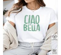 Shein 1 pieza Camiseta de cuello redondo para mujer con frase italiana "CIAO BELLA", tipografía estilizada a mano, camiseta casual de primavera y verano par
