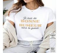 Shein 1 PIEZA Camiseta de manga corta casual con estampado gráfico de lema francés "Je Suis De Bonne Humeur" 100% algodón para mujer