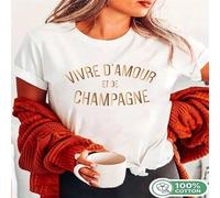 Shein 1 pieza Camiseta de manga corta casual con estampado gráfico "Vivre D'amour Et De Champagne" 100% algodón, cómoda y suave para mujer