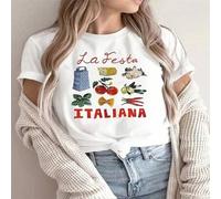 Shein 1 PIEZA Camiseta de manga corta casual con gráfico de elementos italianos de comida para mujer, Camiseta con tema "La Festa Italiana", estilo culinari