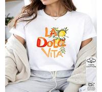 Shein 1 PIEZA Camiseta de manga corta casual de 100% algodón para mujer con estampado de frutas LA DOLCE VITA, con frutas vibrantes y una actitud despreocu