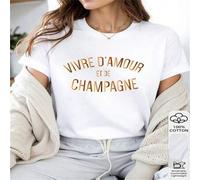 Shein 1 PIEZA Camiseta de manga corta casual de mujer 100% algodón con impresión de la frase francesa "VIVRE D'AMOUR ET DE CHAMPAGNE" para aquellos que aman