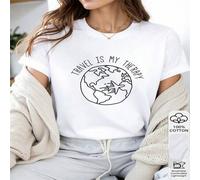 Shein 1 PIEZA Camiseta de manga corta casual de mujer 'El viaje es mi terapia' con estampado de avión y mundo, 100% algodón