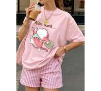Shein 1 pieza Camiseta de manga corta con cuello redondo y ajuste holgado para mujer, camiseta con estampado divertido de gato "Después del trabajo" rosa ca