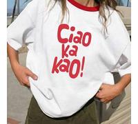 Shein 1 pieza Camiseta de manga corta con cuello redondo y ribete rojo en contraste, estampado de la palabra "Ciao" para niñas, estilo casual y suelto, retr