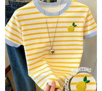 Shein 1 pieza Camiseta de manga corta con cuello y puños a rayas amarillas y patrón de limón amarillo bordado de manera artificial, estilo casual y cómodo p