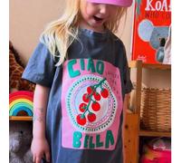 Shein 1 pieza Camiseta de manga corta con estampado gráfico de cereza Ciao Bella para niñas, top casual de verano con estética linda para niñas jóvenes, atu