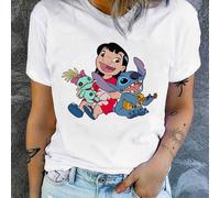 Shein 1 pieza Camiseta de manga corta con estampado gráfico de Stitch y Lilo con licencia de Disney IP, cuello redondo, material elástico y de fácil cuidado