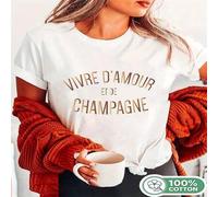 Shein 1 pieza Camiseta de manga corta de ajuste relajado con estampado gráfico "Vivre D'amour Et De Champagne" 100% algodón para mujer