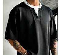 Shein 1 pieza Camiseta de manga corta de cuello redondo negra para hombres, 2 en 1 con color contrastante, tela transpirable y con caída, tacto suave y amig