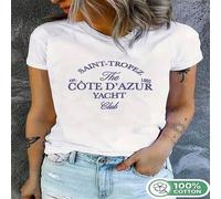 Shein 1 pieza Camiseta de manga corta para mujer 100% algodón con estampado del Club Náutico de Saint-Tropez. Camiseta gráfica de verano casual