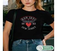 Shein 1 pieza Camiseta de manga corta para mujer con estampado de la banda Bon Jovi, 100% algodón, uso casual, regalo perfecto para fiestas y cumpleaños, ad