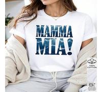 Shein 1 pieza Camiseta de mujer de 100% algodón con estampado gráfico 2D "Mamma Mia" de cuello redondo y manga corta para todas las estaciones