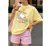 Shein 1 pieza Camiseta de mujer de corte holgado, cuello redondo, manga corta, con estampado divertido de gato con el tema "Después del trabajo..." para uso