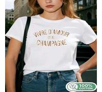 Shein 1 PIEZA Camiseta de mujer de manga corta 100% algodón con estampado "Vivre D'Amour Et De Champagne", perfecta para uso diario, regalos de vacaciones,