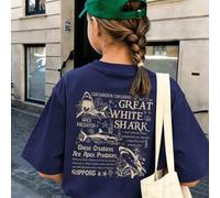 Shein 1 pieza Camiseta de niña preadolescente con estampado de tiburón blanco grande estilo vintage americano desgastado, top gráfico de vida marina genial,