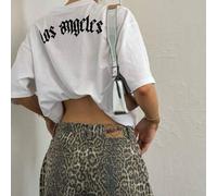 Shein 1 pieza Camiseta de poliéster con estampa de la letra "Los Ángeles" en estilo gótico, multiusos para playa, salida nocturna, entrenamiento, oficina, u