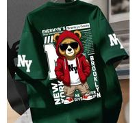 Shein 1 pieza Camiseta estampada de cuello redondo para niños, con gráfico de oso estilo ciudad y eslogan "Nunca te rindas", corte holgado, tela suave y cóm