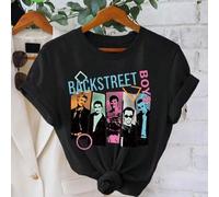 Shein 1 pieza Camiseta gráfica de cuello redondo para mujer - Estampado de arte pop de Backstreet Boys, nostalgia de los 90, bloque de color vibrante, camis