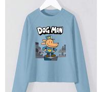 Shein 1 pieza/Camiseta informal de manga larga con cuello redondo y estampado de dibujos animados de Dog Man, holgada y de gran tamaño, de algodón, ideal pa