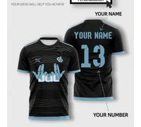 Shein 1 pieza Camiseta personalizada negra y azul claro - Diseño único de gesto de mano "JUL", nombre y número personalizables, tela premium, camiseta de fú