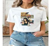 Shein 1 pieza Camiseta retro de mujer con gráficos - Diseño de arte pop inspirado en Pulp Fiction, camiseta de estilo vintage con estampado de película, mod