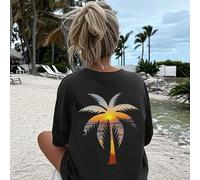 Shein 1 pieza Camiseta tipo suéter con estampado de árbol de coco azul para niñas preadolescentes, top de verano para niñas que van a la playa