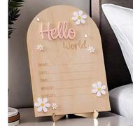 Shein 1 pieza Cartel de anuncio del nacimiento de un bebé decorado con crisantemos "HOLA MUNDO", placa de madera para anunciar el nombre del bebé, artículo