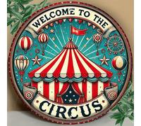 Shein 1 pieza Cartel de pared de metal con tema de circo vintage - 2D "Bienvenido al Circo" - 8 pulgadas, decoración de arte retro colorida con carpa de via