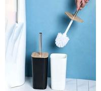 Shein 1 pieza Cepillo de baño de mango largo de bambú, juego de limpieza de inodoro de cuclillas y baño del hogar, sin ángulos muertos, esencial para volver