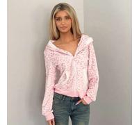 Shein 1 pieza Chaqueta con capucha con cremallera de felpa suave con estampado de leopardo, diseño de color block casual y lindo, adecuado para otoño/invier