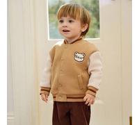 Shein 1 pieza Chaqueta de béisbol de otoño para niños pequeños, hombros caÃdos, bloques de color, bordado de oso, ribete acanalado, abrigo bomber de mo