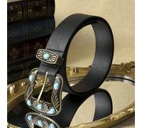 Shein 1 pieza Cinturón de mujer de piel de PU negra con hebilla de perla, esencial de estilo bohemio para salidas y fiestas, cómodo y versátil para uso diar