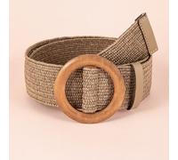 Shein 1 pieza Cinturón elástico para mujer con hebilla de madera redonda, adecuado para vacaciones en la playa en verano, escuela en otoño, Halloween