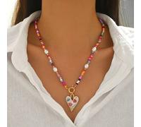 Shein 1 pieza Collar con colgante de corazón con graffiti dulce, joyería de mujer con cuentas de colores y decoración de perlas falsas, adecuado para uso di