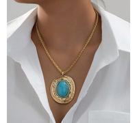 Shein 1 pieza Collar con colgante ovalado de aleación con cadena de serpiente y falso turquesa, chapado en oro/plata - Adecuado para uso diario de mujeres
