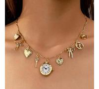 Shein 1 Pieza Collar con dije de lazo, luna, cruz y corazón en color dorado, collar con dijes de reloj falso, múltiples dijes, joyería tipo relicario con co