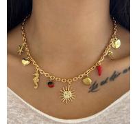 Shein 1 pieza Collar de acero inoxidable con colgante con diseños de caballito de mar, estrella de mar, vieira, sol, hongo, mariquita, corazón, pimientos pi
