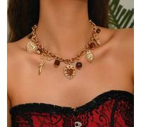 Shein 1 pieza Collar de múltiples colgantes creativo, elegante y versátil collar gargantilla con decoración de corazón y lazo de esmalte de goteo acrílico,